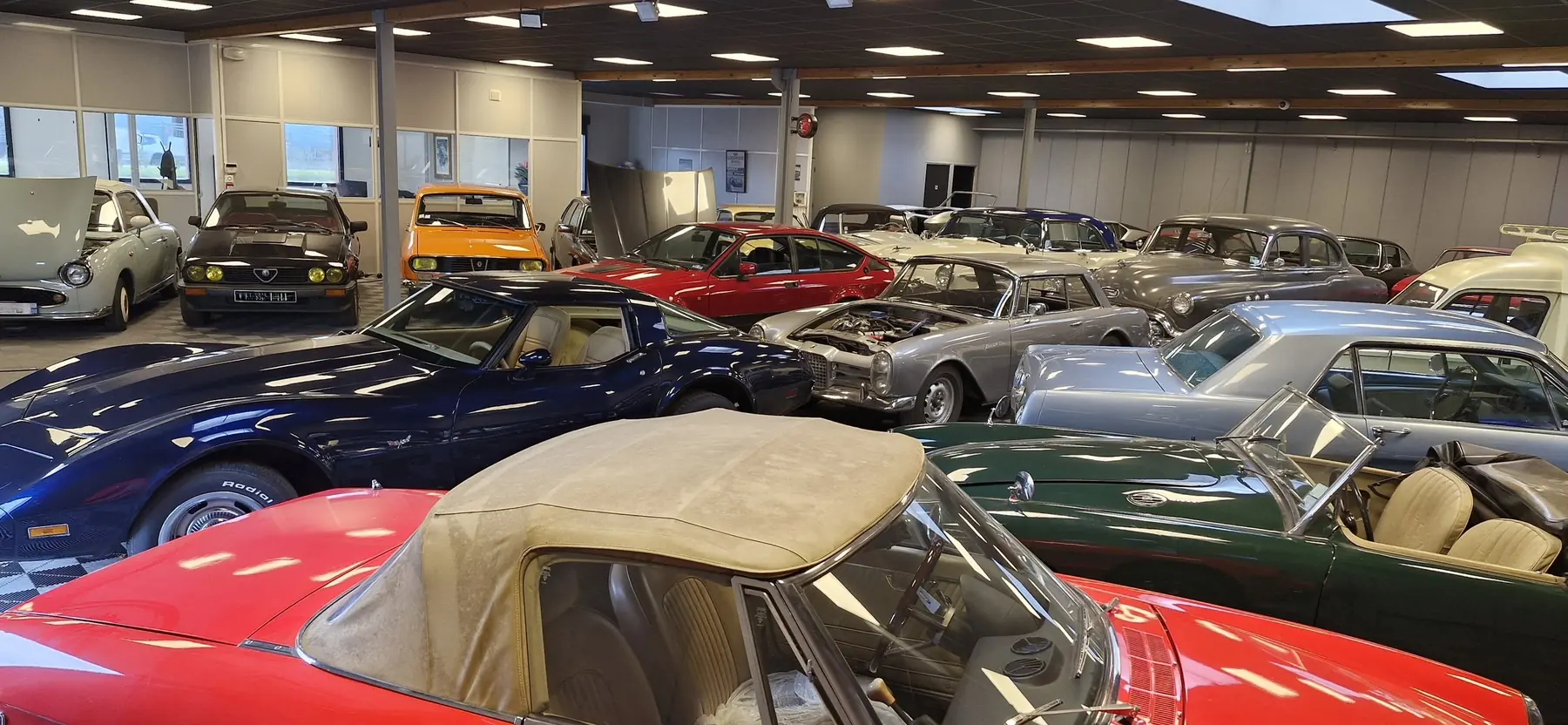Hall de l'atelier avec une vingtaine de voitures de collection : Corvette, Facel Vega, Alfa Romeo, Renault et cabriolets